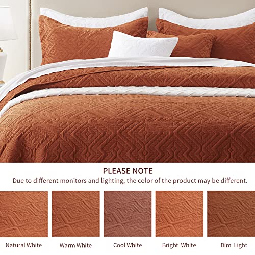 Lightweight Burnt Orange Queen Quilt Set - 3 Pieces, Soft Microfiber Bedspread, 90''x98''