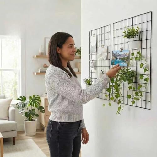Metal Wire Wall Grid Panel Display, 25.6x17.7 Inch Photo Organizer, Set of 2