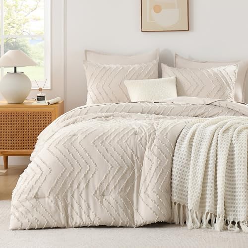 Beige Queen Comforter Set - 3 Piece Soft Boho Tufted Chevron Bedding