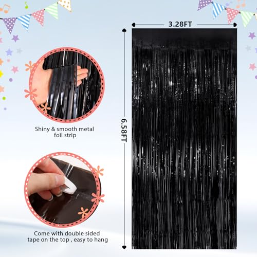 2-Pack Black Foil Fringe Curtains - Metallic Tinsel Backdrop for Parties