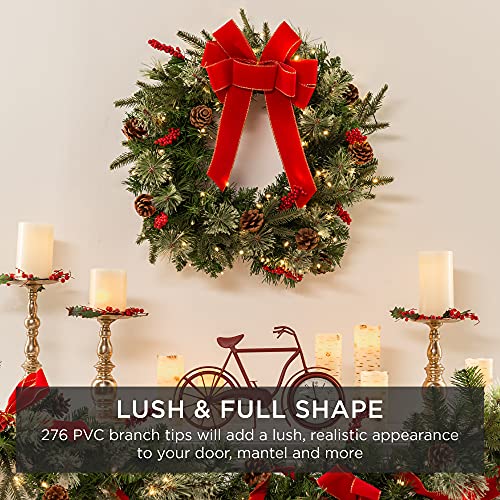 30-Inch Pre-Lit Artificial Christmas Wreath with 100 Lights and Pine Cones