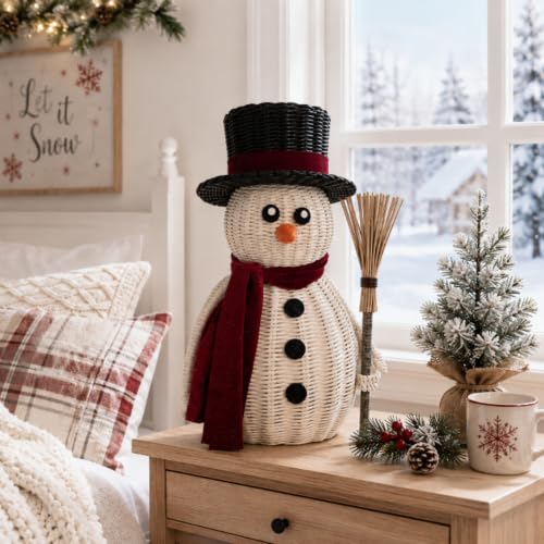 Leinuosen 12 Inch Rattan Snowman Woven Neutral Christmas Table Decor