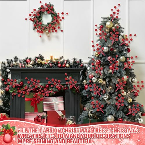 Suncalla 10pcs Christmas Glitter Berry Stems 19.7in Red - Holiday Tree & Decor