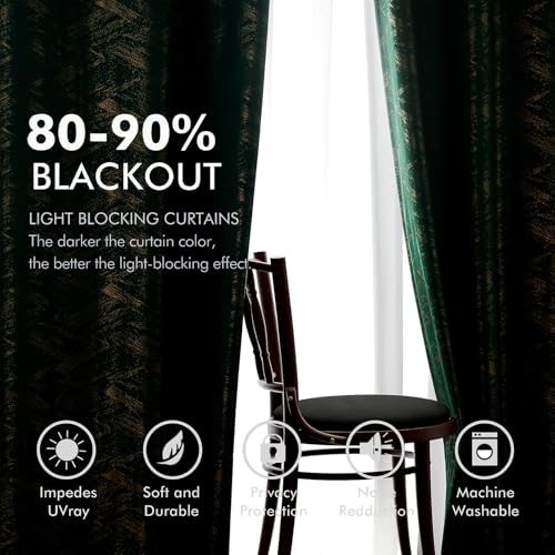 Chorowl Green and Gold Velvet Curtains 52x90 in (Pack of 2) - Gilded Foil Print Living Room