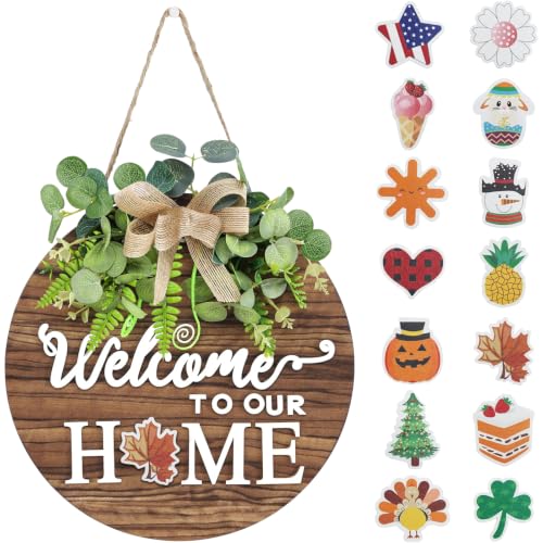 Interchangeable Seasonal Welcome Sign - 12-Inch Round Wooden Front Door Decor