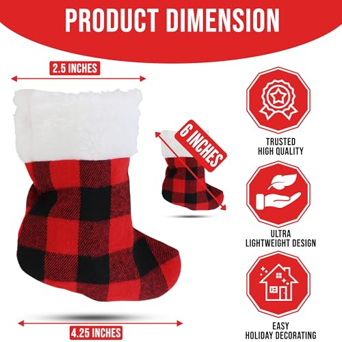 24-Pack Mini Christmas Stockings - 6-Inch Red Buffalo Plaid Ornaments