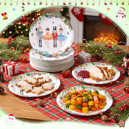 Shellwei 100 Pcs 7 Inch Christmas Plates Green White Nutcracker Set for Holiday Party