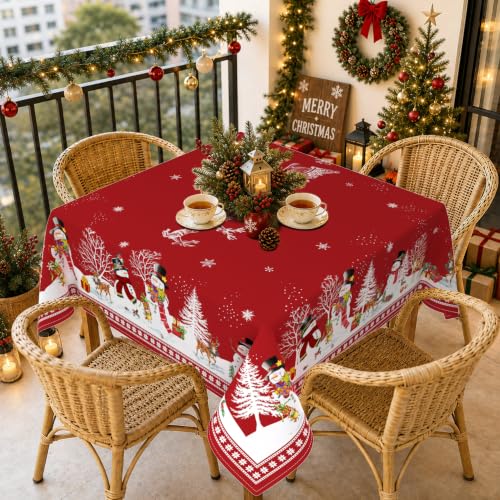Yighty 70x70 Inch Red Snowman Christmas Tablecloth Waterproof Durable Holiday Decor