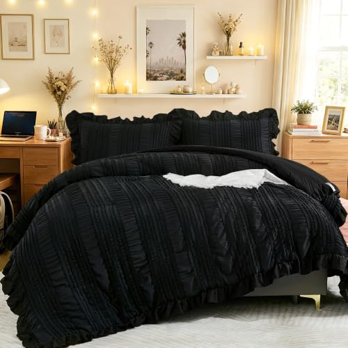 Black King Comforter Set, 3-Piece Ruffle Seersucker Textured Bedding Set