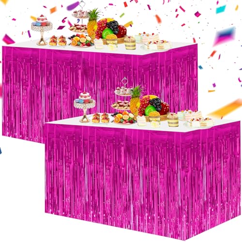 2-Pack Metallic Foil Fringe Table Skirts, Hot Pink Tinsel Party Decor
