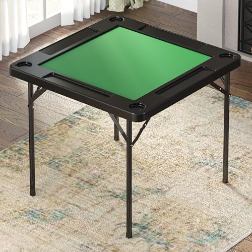 35.4-Inch Folding Mahjong Table with Green Felt, Cup Holders & Chip Trays