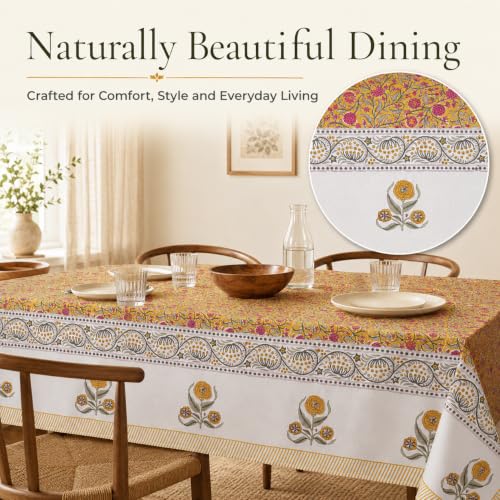 Hand Block Printed Floral Cotton Tablecloth 60x90 in - Pink Yellow, Dust Proof & Wrinkle Resistant