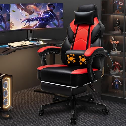 Ergonomic Gaming Chair with Retractable Footrest and Massage Lumbar Support