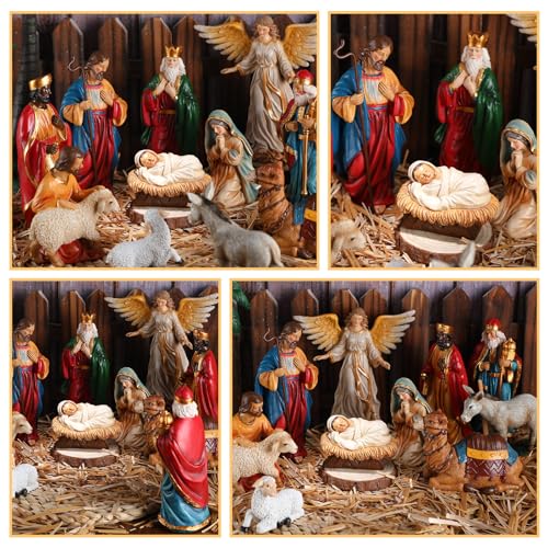 Nativity Scene Figures Set for Christmas - 12 Hand-Painted Resin Holiday Decor, 7 Inch Baby Jesus, Mary, Joseph, Kings, Animals, Stable & Palm Tree