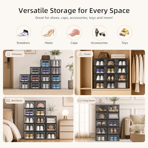 Kuject X-Large Clear Stackable Shoe Storage Boxes 12 Pack, Black Drop-Front Organizer