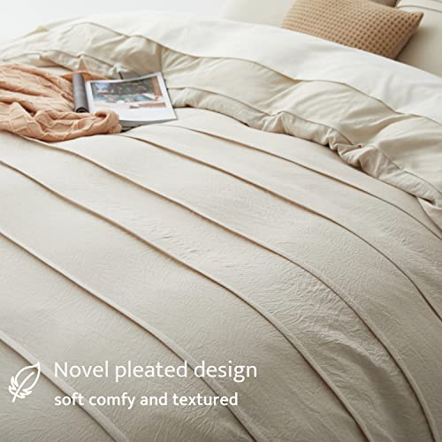 3-Piece Pleated Duvet Cover Set King - Soft Beige Microfiber Bedding