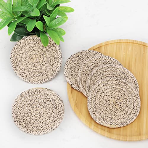 8-Piece Woven Cotton Drink Coaster Set with Holder, 4.3-Inch Absorbent Coasters