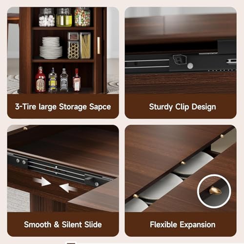 Extendable Round Dining Table with Storage Base, 47"-63" Walnut Wood Oval Table
