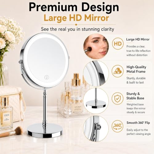 DEIOVWXS Makeup Mirror, Rechargeable Vanity Mirror with 3 Lights,
