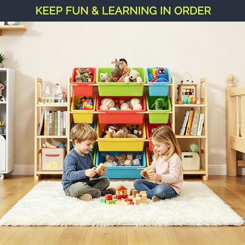 Large Solid Wood Toy Storage Organizer with 12 Bins and Bookshelf
