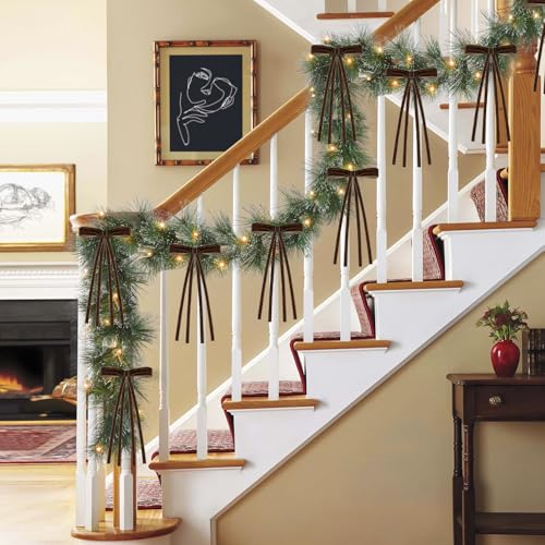 12 Pcs Velvet Christmas Tree Bows with Rustic Brown Ribbon, 5.9 x 9.84 Inches - Holiday Wreath & Decor Accessories