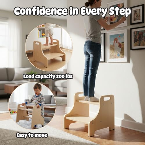 2-Step Toddler Stool with Handles - Wooden Kitchen Helper & Potty Stool