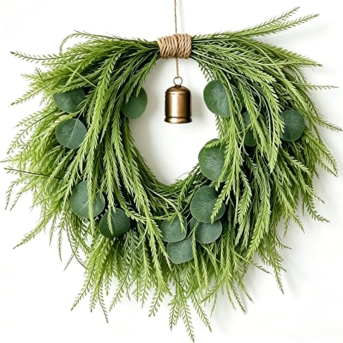 18-Inch Heart-Shaped Wreath with Copper Bell and Greenery, Romantic Decor