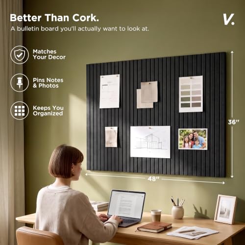 Acoustic Felt Wall Panels - 12-Pack Slatted Bulletin Board Tiles, Black