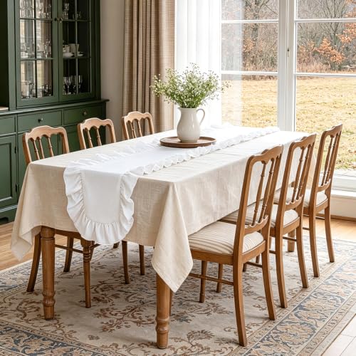 MoKoHouse 14x118 Inch White Ruffled Table Runner Set - 3 Pieces, Farmhouse Decor