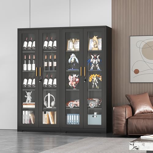 Lockable Metal Display Cabinet with Glass Doors and 4 Adjustable Shelves