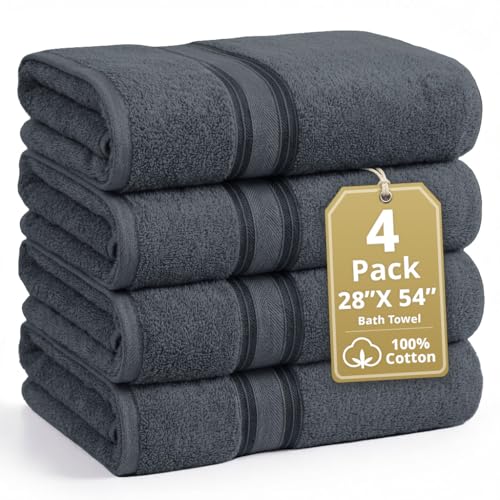 4-Piece Bath Towel Set, 100% Cotton Soft & Absorbent Towels - Cool Grey