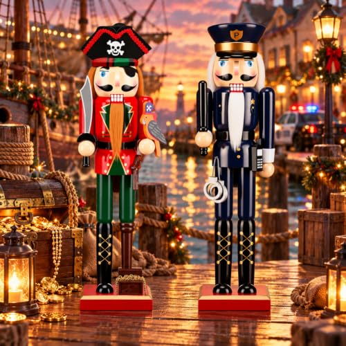 Pinkunn 2-Pack 15'' Halloween Pirate & Police Nutcracker Decorations