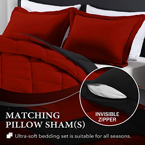 King Size Reversible Comforter Set - 3-Piece Red & Black Bedding with Shams