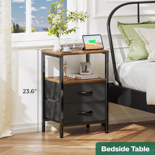 Nightstand with Charging Station, 2 Fabric Drawers & Storage Shelf