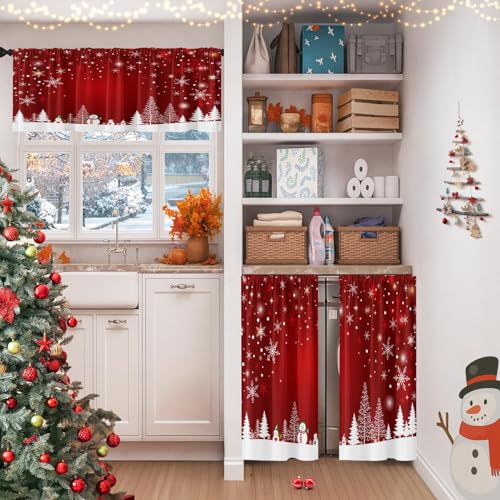 Britown Christmas Kitchen Curtains and Valances Set with Red Snowman - 36 Inch
