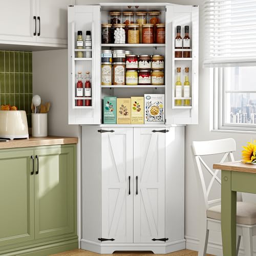 72-Inch Farmhouse Corner Pantry Cabinet with 6-Tier Adjustable Shelving