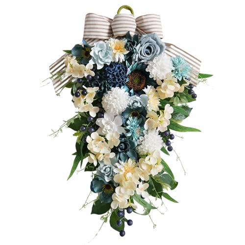 25-Inch Artificial Floral Door Swag with Blue Roses and White Hydrangeas