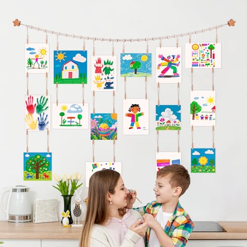 Kids Artwork Display Wall Hanging with 40 Wood Clips & Boho Beaded Garland