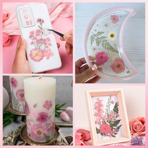 50 Pcs Pink Pressed Dried Flowers & Leaves with Tweezers for Resin Crafts & DIY