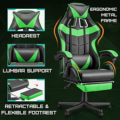 Ergonomic Gaming Chair with Footrest, Lumbar Support & Recliner, Green