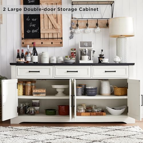 66-Inch Farmhouse Buffet Sideboard with Storage, Drawers & Adjustable Shelves