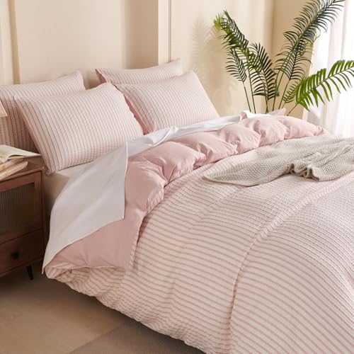 Queen Duvet Cover Set - Striped Pink Microfiber, 3 Pieces
