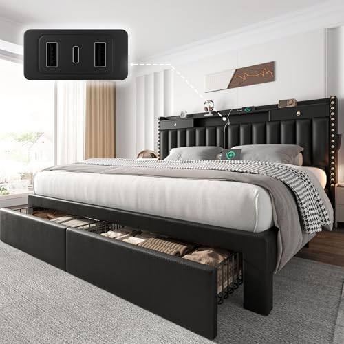 King Size Upholstered Bed Frame with Storage Drawers & Charging Ports