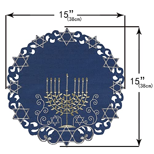 OWENIE Blue Round Hanukkah Placemats Set of 4, 15" Embroidered Menorah Holiday Table Decor