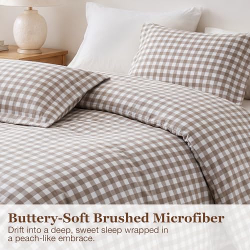 Brown Gingham Duvet Cover Set Queen Size - Soft Microfiber Bedding