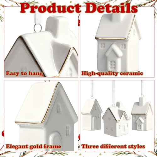 3Pcs Christmas Ceramic House Ornaments Mini Hanging Village Decorations