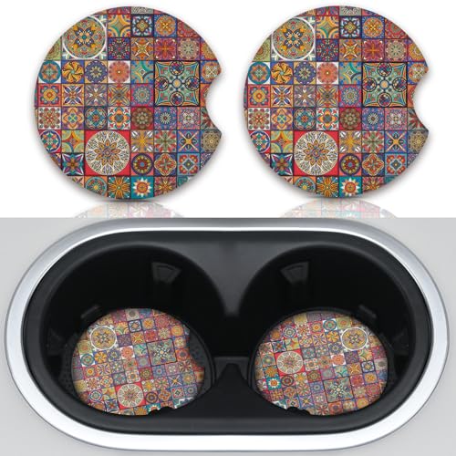 Adastrah Multicolor Boho Mandala Car Coasters 2-Pack, Absorbent Neoprene, 2.75 Inch with Finger Slot