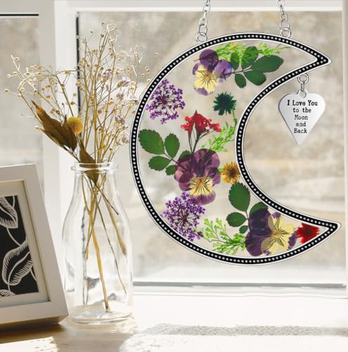Moon Suncatcher with Real Pressed Flowers and I Love You Charm