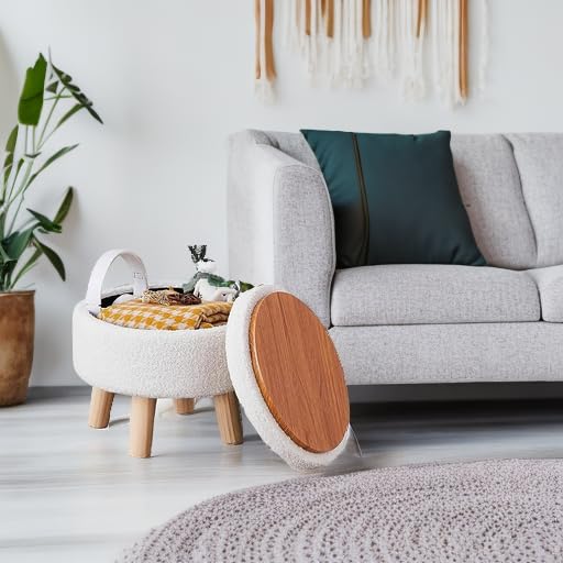 Round Teddy Velvet Storage Ottoman with Wood Legs, Cream Footstool