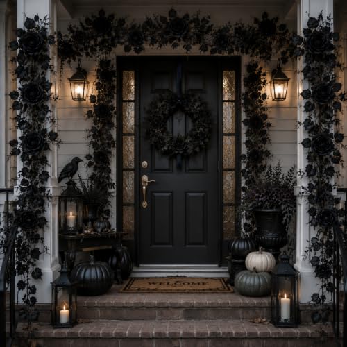 Artificial Black Rose Garland 2-Pack - 6.5ft Silk Vine Gothic Decor